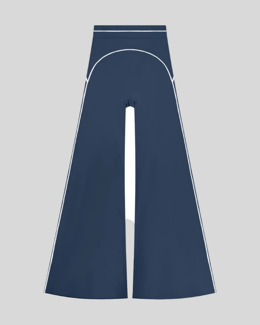 TrackLine Outline Flared Pants in Navy Blue front view featuring a high-rise waistband, contrast piping, and flared leg