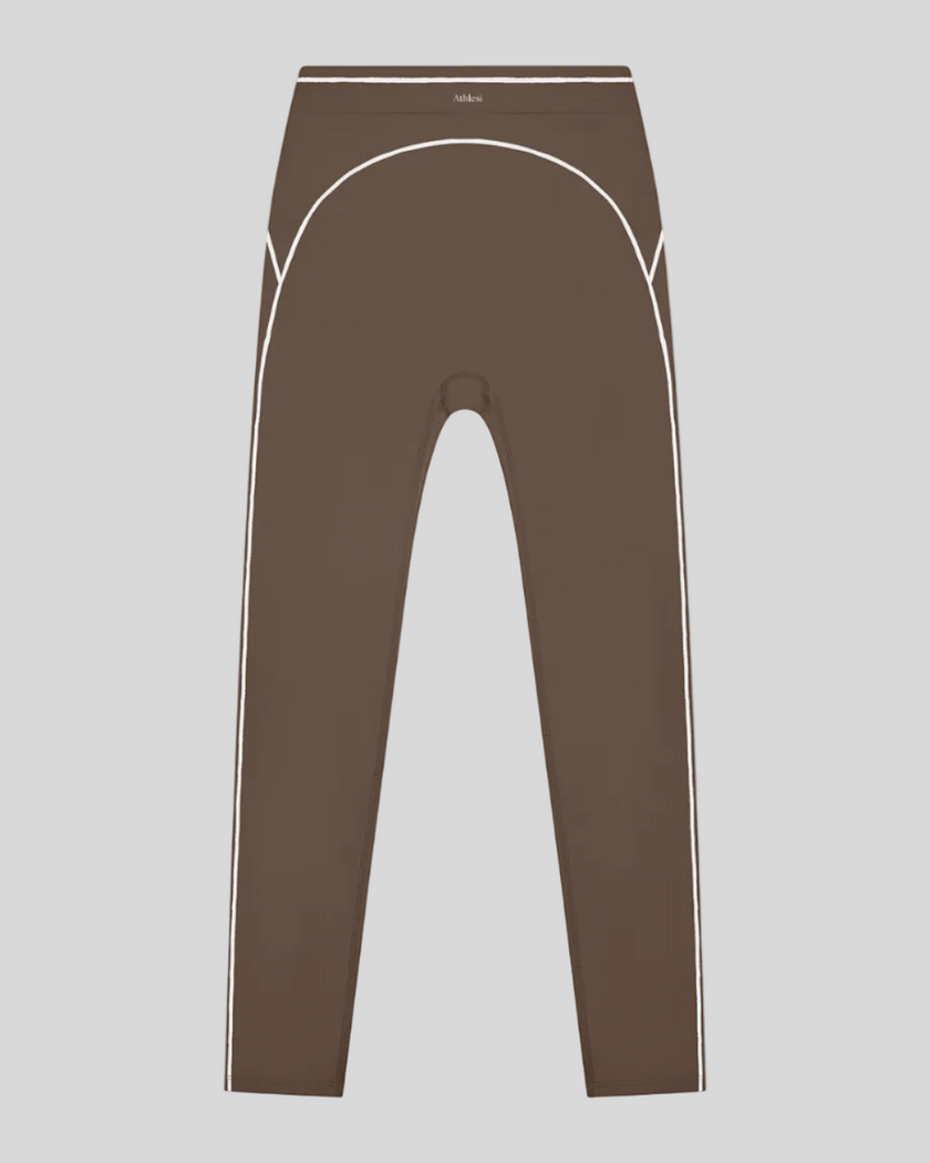 TrackLine Outline Leggings in Coffee front view featuring a high-rise waistband and contrast piping