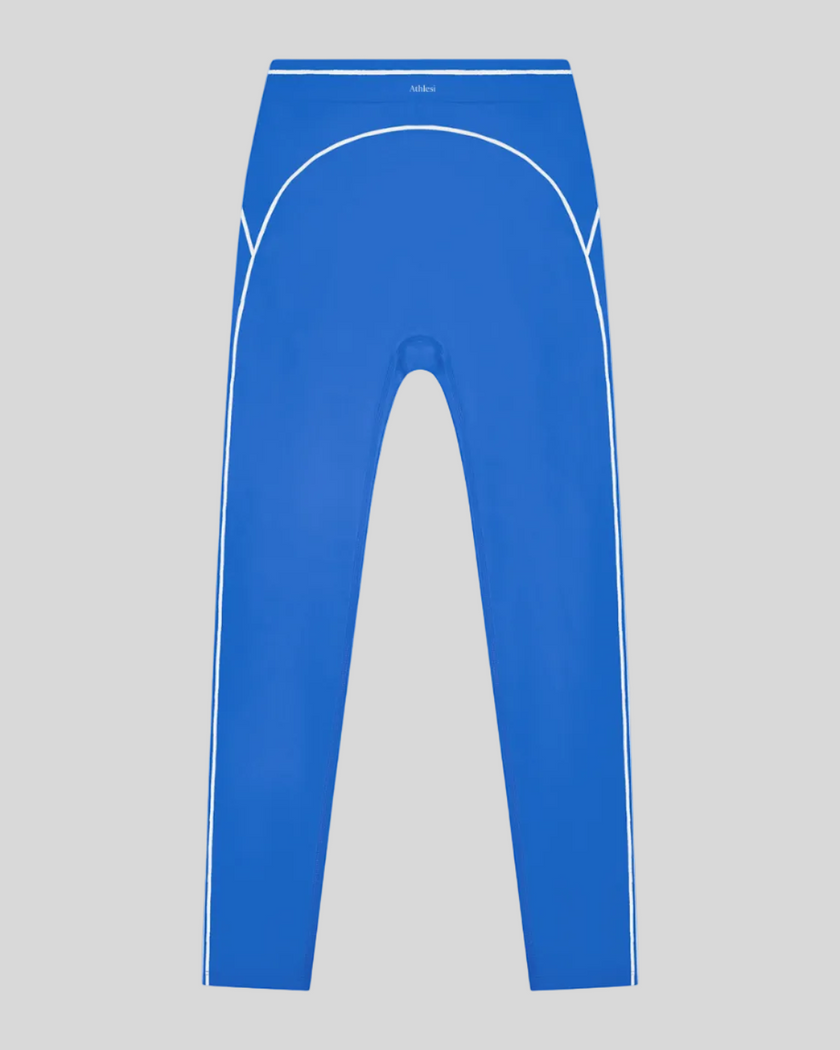 TrackLine Outline Leggings in Colorful Blue front view featuring a high-rise waistband and contrast piping