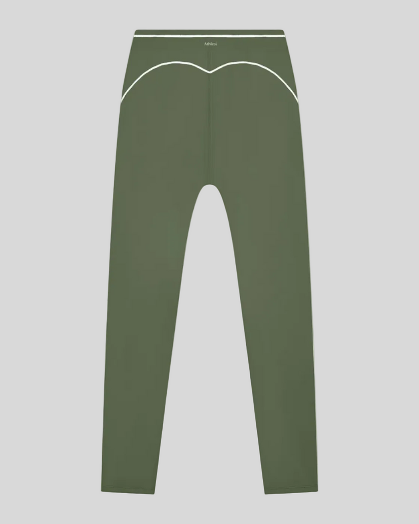 TrackLine Outline Leggings in Gray Green back view showcasing the sculpting back seam and contrast piping