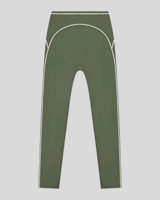 TrackLine Outline Leggings in Gray Green front view featuring a high-rise waistband and contrast piping