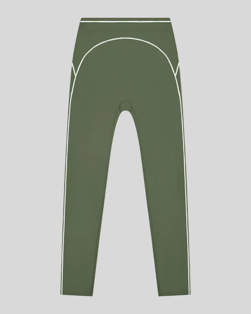 TrackLine Outline Leggings in Gray Green front view featuring a high-rise waistband and contrast piping