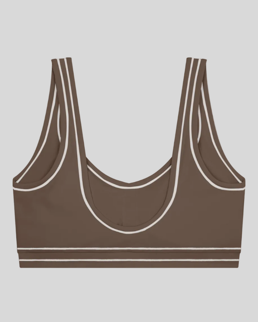 TrackLine Outline Sports Bra in Coffee back view showcasing the open scoop back design