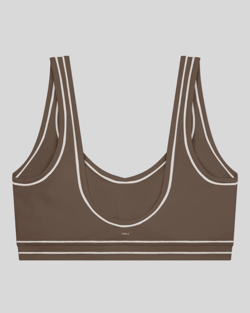 TrackLine Outline Sports Bra in Coffee back view showcasing the open scoop back design