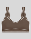 TrackLine Outline Sports Bra in Coffee front view featuring contrast piping and a supportive fit