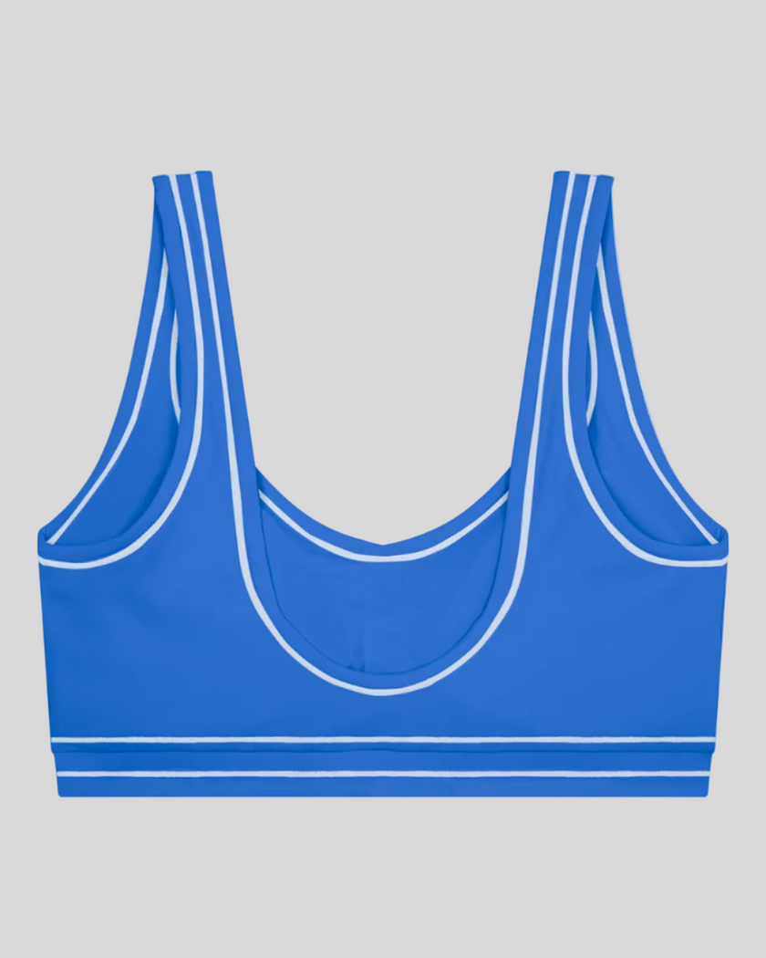 TrackLine Outline Sports Bra in Colorful Blue back view showcasing the open scoop back design