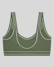 TrackLine Outline Sports Bra in Gray Green back view showcasing the open scoop back design