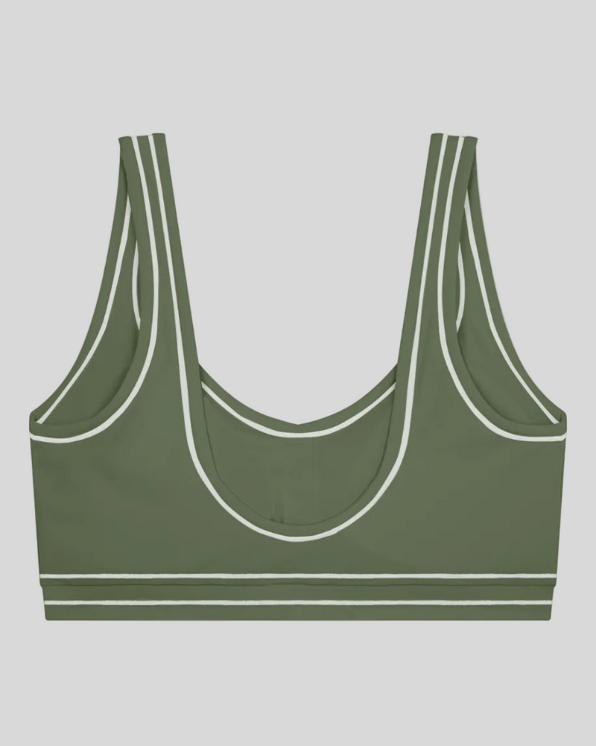TrackLine Outline Sports Bra in Gray Green back view showcasing the open scoop back design