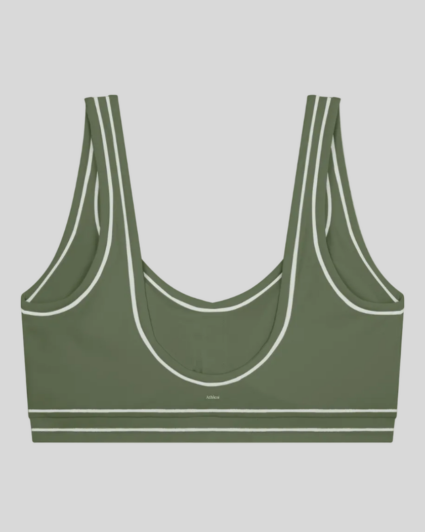 TrackLine Outline Sports Bra in Gray Green back view showcasing the open scoop back design
