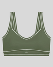 TrackLine Outline Sports Bra in Gray Green front view featuring contrast piping and a supportive fit