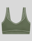 TrackLine Outline Sports Bra in Gray Green front view featuring contrast piping and a supportive fit