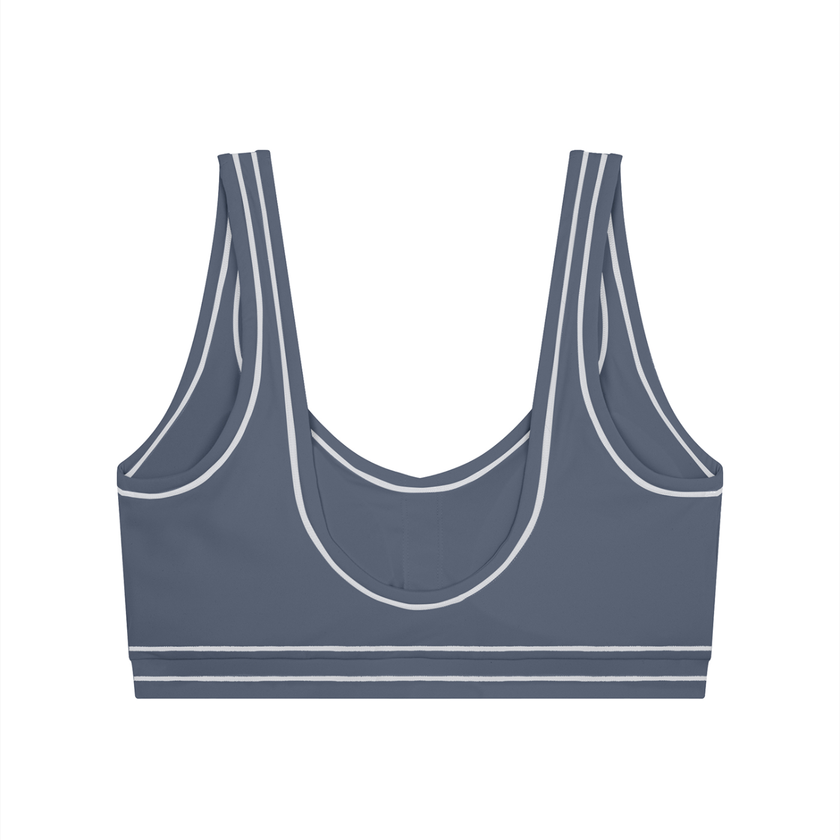 TrackLine Outline Sports Bra in Haze Blue back view showcasing the open scoop back design
