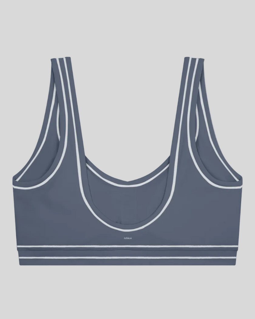 TrackLine Outline Sports Bra in Haze Blue back view showcasing the open scoop back design