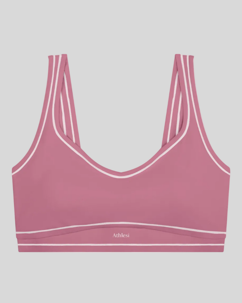 TrackLine Outline Sports Bra in Purple front view featuring contrast piping and a supportive fit