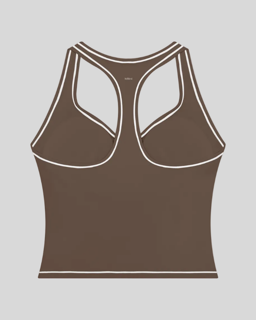 TrackLine Outline Tank Top in Coffee back view showcasing the racerback design and contrast piping