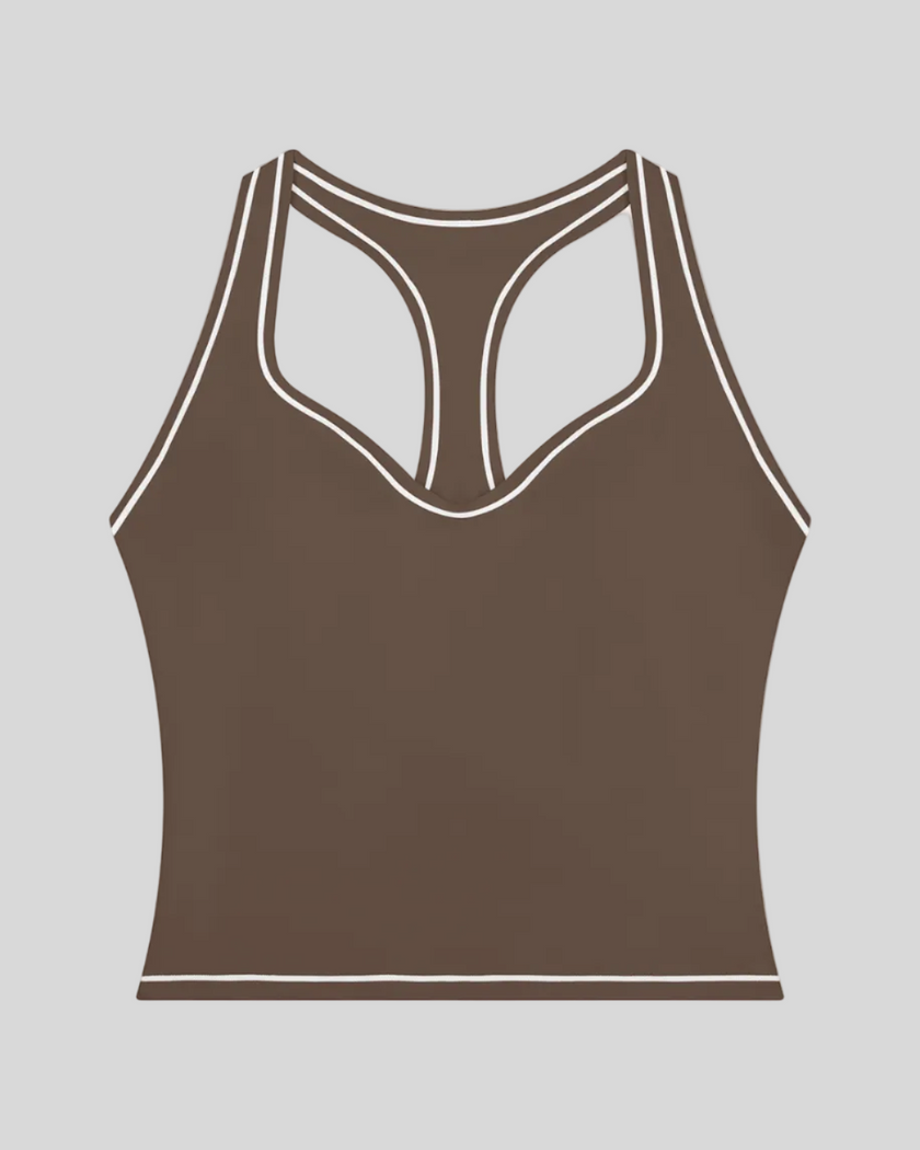TrackLine Outline Tank Top in Coffee front view featuring a sleek silhouette with contrast piping