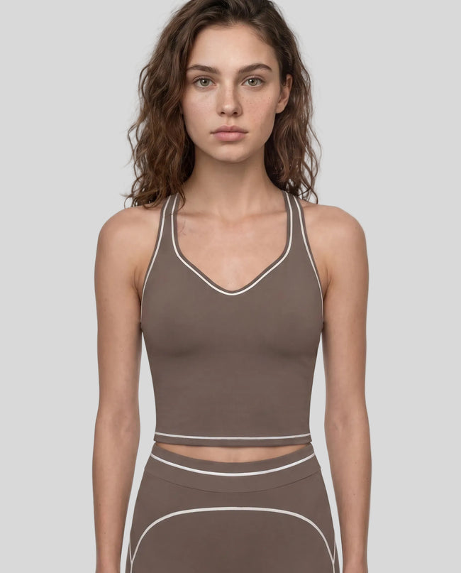 Model wearing the TrackLine Outline Tank Top in Coffee viewed from the front