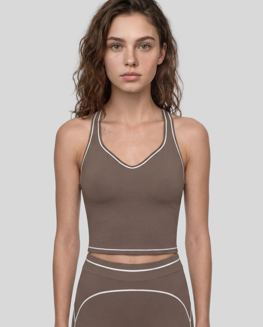 Model wearing the TrackLine Outline Tank Top in Coffee viewed from the front