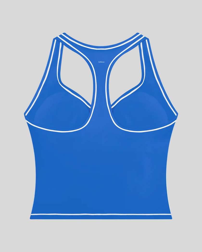 TrackLine Outline Tank Top in Colorful Blue back view showcasing the racerback design and contrast piping