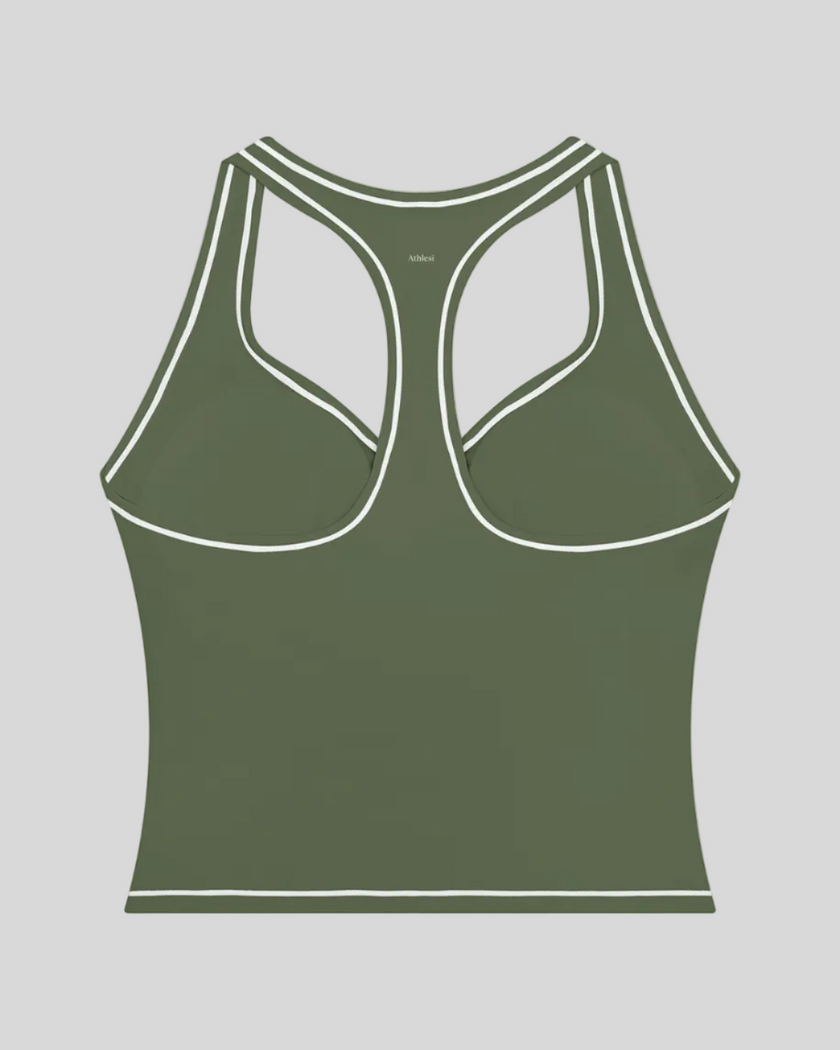 TrackLine Outline Tank Top in Gray Green back view showcasing the racerback design and contrast piping