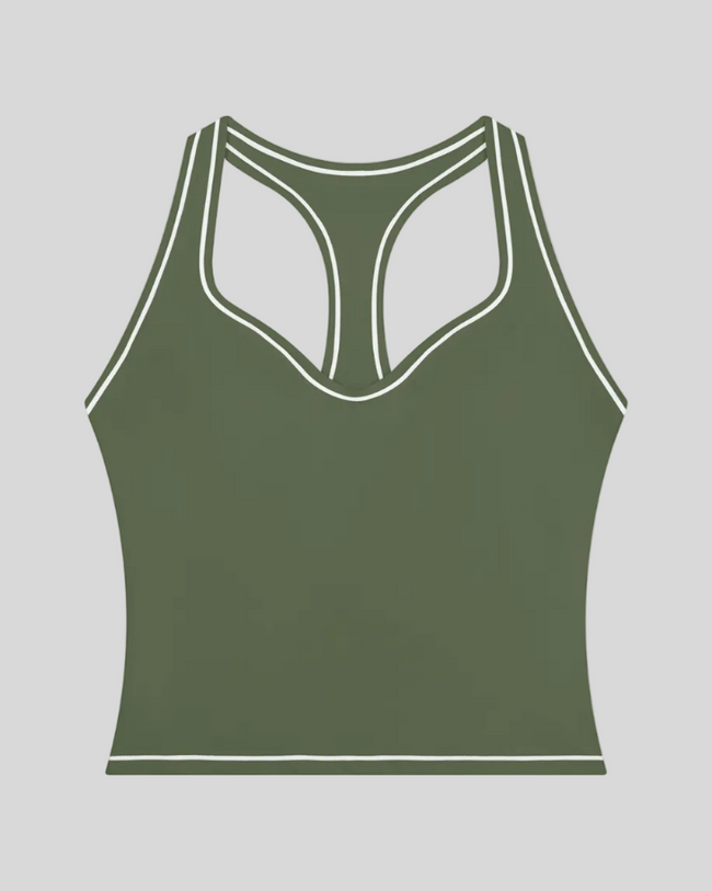 TrackLine Outline Tank Top in Gray Green front view featuring a sleek silhouette with contrast piping