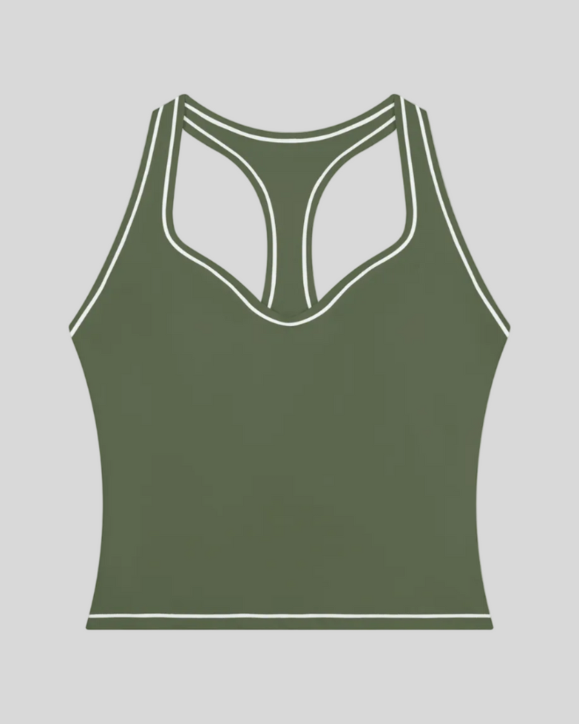 TrackLine Outline Tank Top in Gray Green front view featuring a sleek silhouette with contrast piping