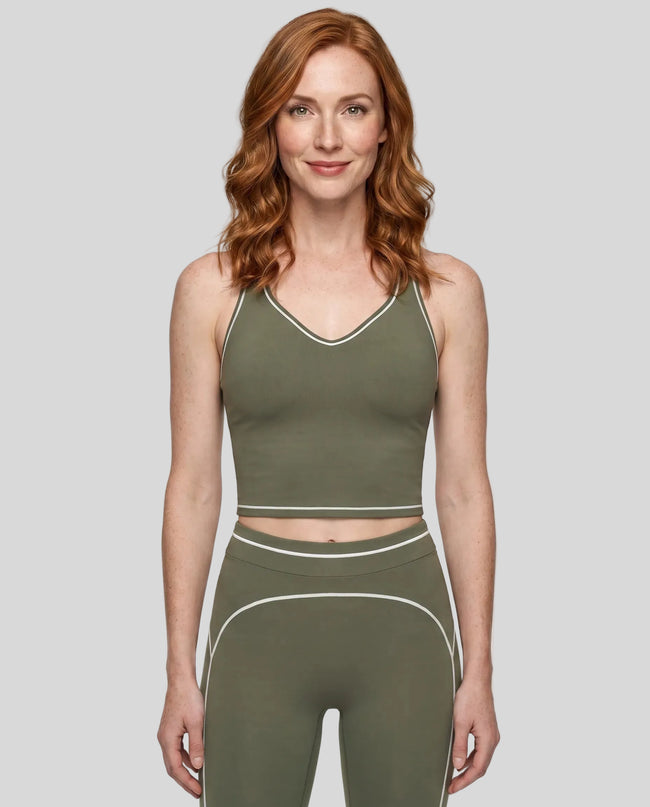 Model wearing the TrackLine Outline Tank Top in Gray Green viewed from the front