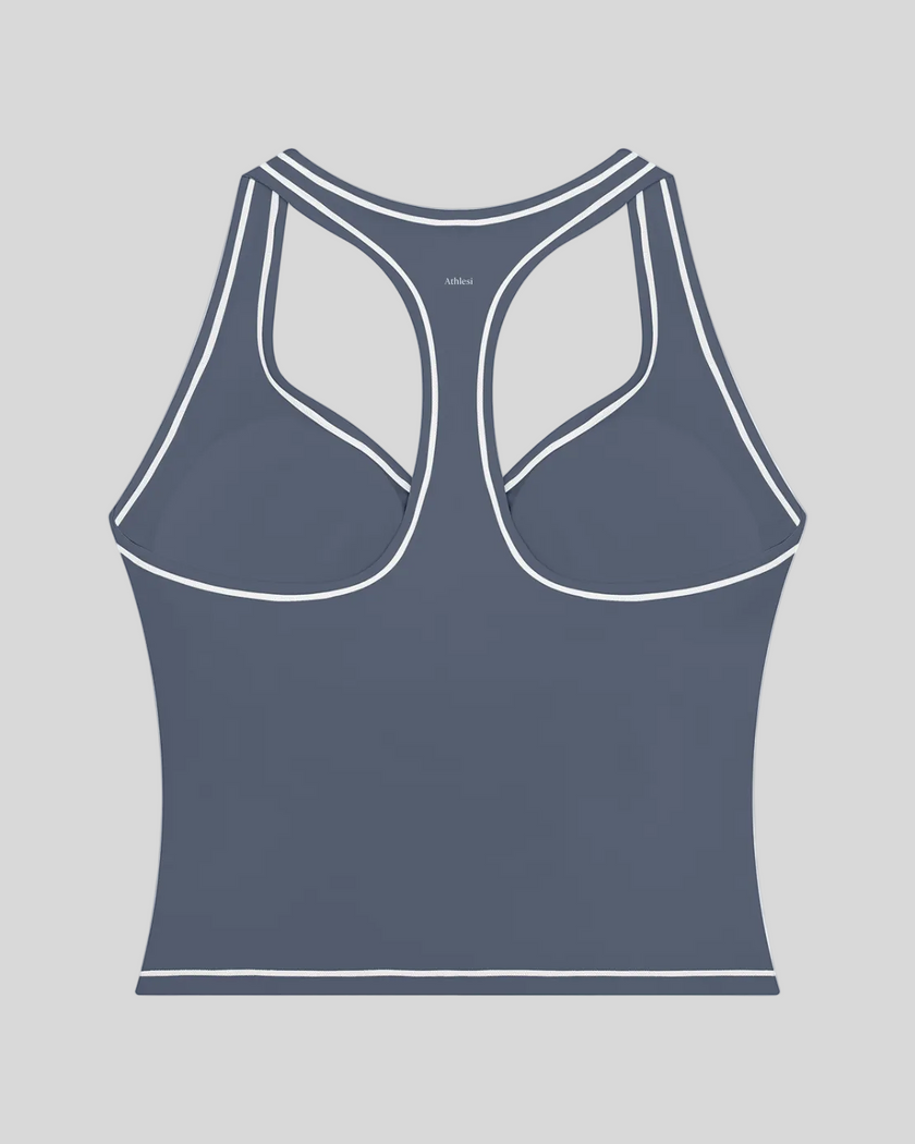 TrackLine Outline Tank Top in Haze Blue back view showcasing the racerback design and contrast piping