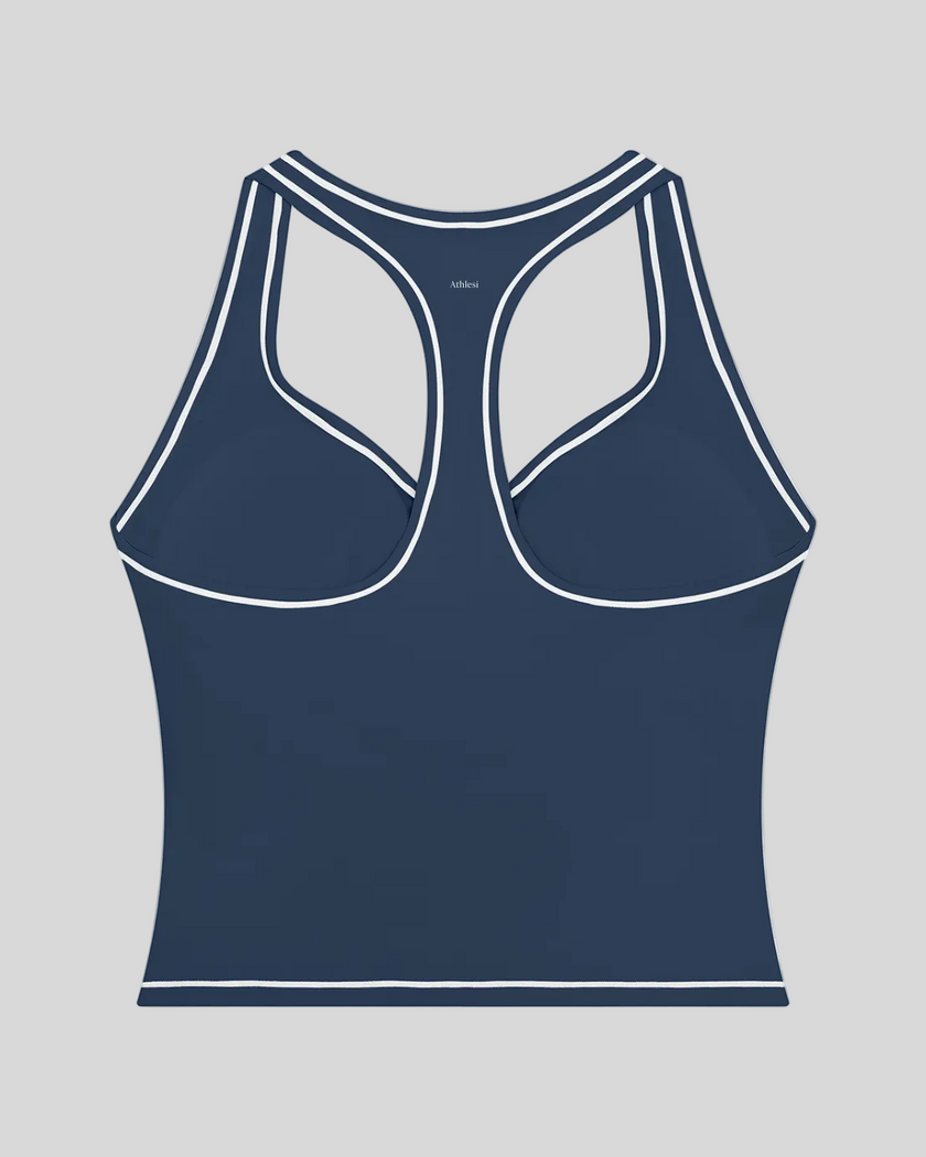 TrackLine Outline Tank Top in Navy Blue back view showcasing the racerback design and contrast piping