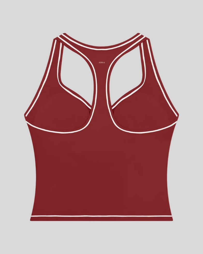 TrackLine Outline Tank Top in Red back view showcasing the racerback design and contrast piping
