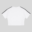 Back view flatlay of the Athlesi TrackLine Performance Crop Tee in white with minimalist athletic detailing