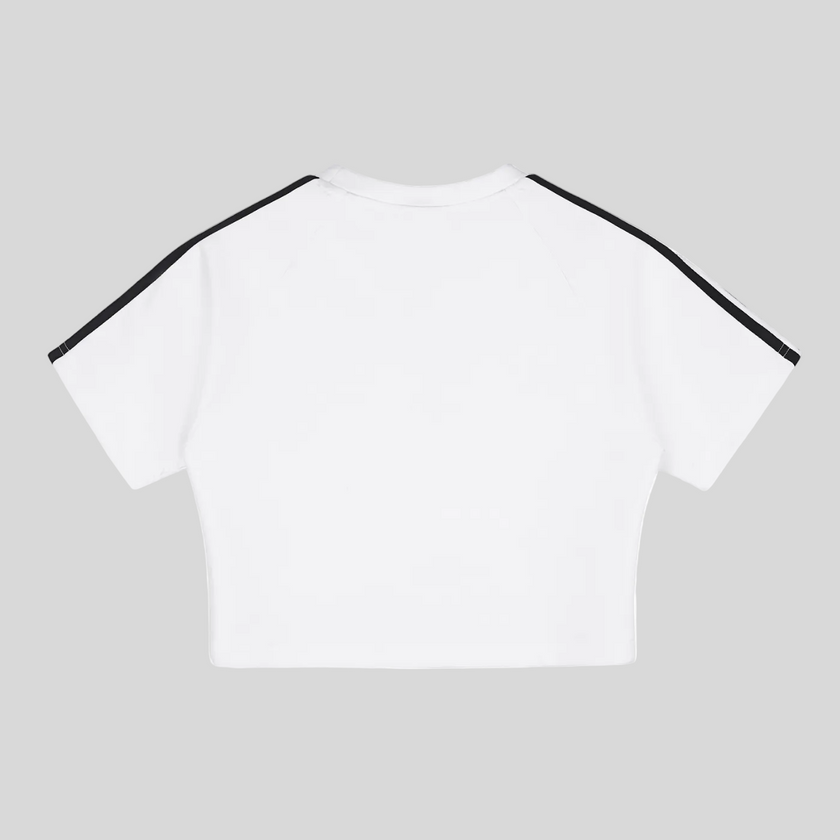 Back view flatlay of the Athlesi TrackLine Performance Crop Tee in white with minimalist athletic detailing