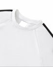 Closeup of the round neckline and contrast shoulder tape detail on the Athlesi TrackLine Performance Crop Tee in white