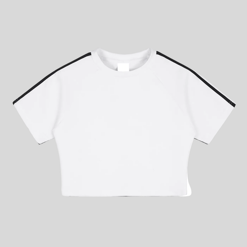 Athlesi TrackLine Performance Crop Tee in white with contrast shoulder taping shown in flatlay front view