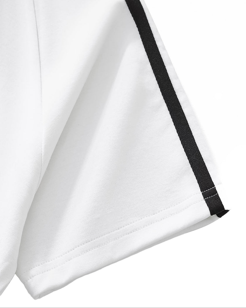 Closeup of the short sleeve hem and contrast taping on the Athlesi TrackLine Performance Crop Tee in white