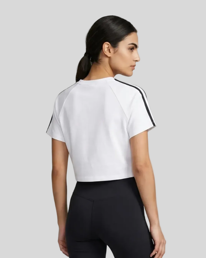 Upper body back view of the Athlesi TrackLine Performance Crop Tee in white