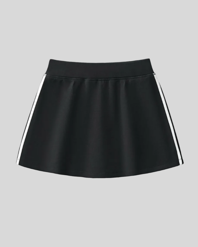 Athlesi TrackLine Performance Skort in black with contrast stripe detailing shown in flatlay front view
