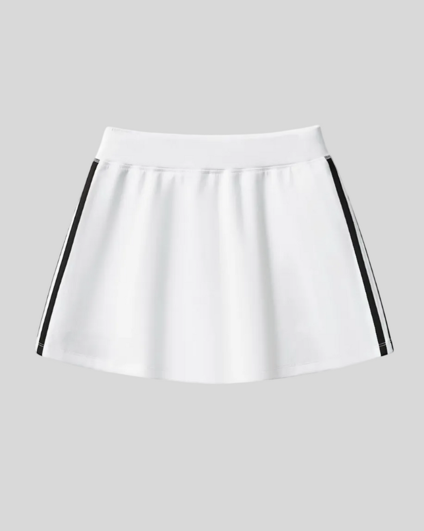 Athlesi TrackLine Performance Skort in white with contrast stripe detailing shown in flatlay front view
