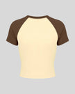 TrackLine Raglan Baby Tee in Apricot with Coffee back view with contrast raglan sleeves and fitted silhouette