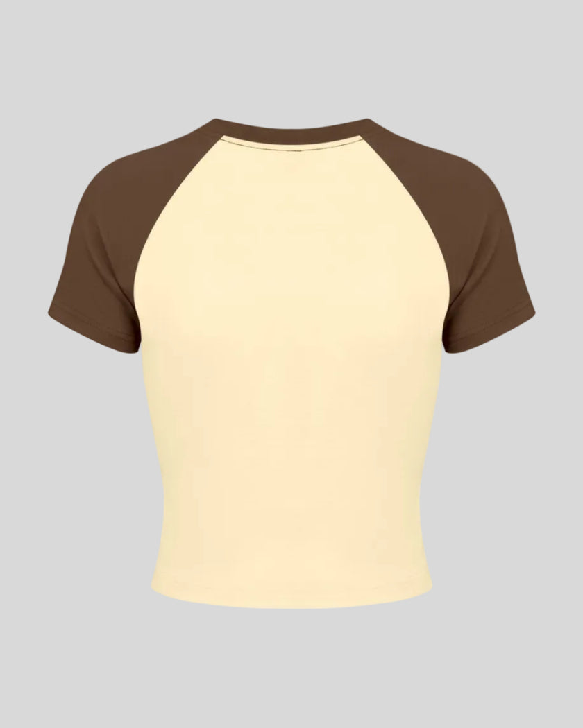 TrackLine Raglan Baby Tee in Apricot with Coffee back view with contrast raglan sleeves and fitted silhouette