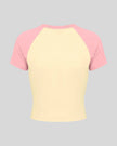 TrackLine Raglan Baby Tee in Apricot with Pink back view with contrast raglan sleeves and fitted silhouette