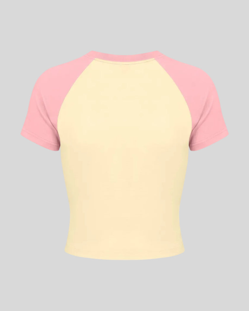 TrackLine Raglan Baby Tee in Apricot with Pink back view with contrast raglan sleeves and fitted silhouette