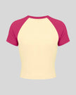 TrackLine Raglan Baby Tee in Apricot with Rose Red back view with contrast raglan sleeves and fitted silhouette