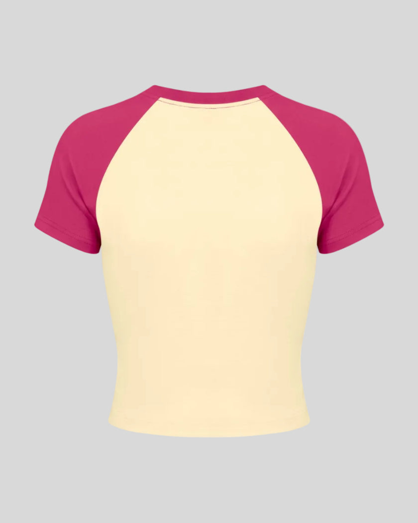 TrackLine Raglan Baby Tee in Apricot with Rose Red back view with contrast raglan sleeves and fitted silhouette