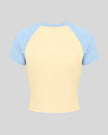 TrackLine Raglan Baby Tee in Apricot with Sky Blue back view with contrast raglan sleeves and fitted silhouette