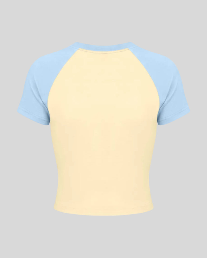 TrackLine Raglan Baby Tee in Apricot with Sky Blue back view with contrast raglan sleeves and fitted silhouette