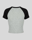 TrackLine Raglan Baby Tee in Flower Gray with Black back view with contrast raglan sleeves and fitted silhouette