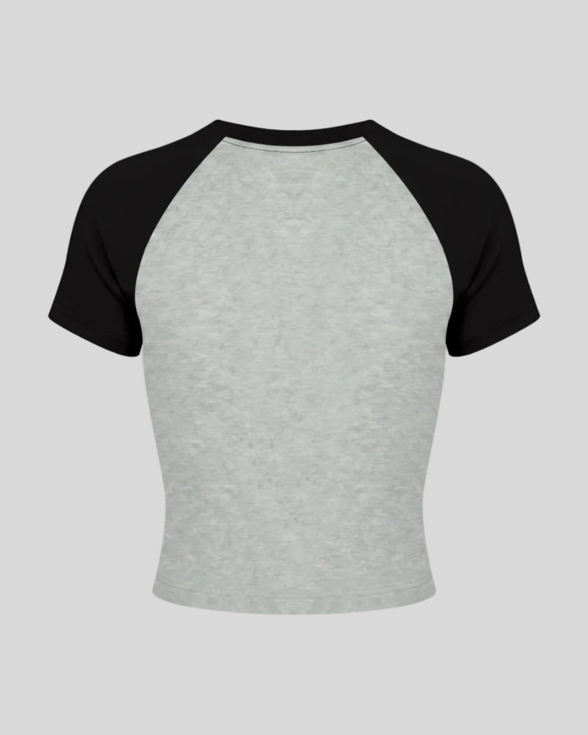 TrackLine Raglan Baby Tee in Flower Gray with Black back view with contrast raglan sleeves and fitted silhouette