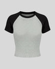 TrackLine Raglan Baby Tee in Flowe Gray with Black front view with contrast short sleeves and crew neckline