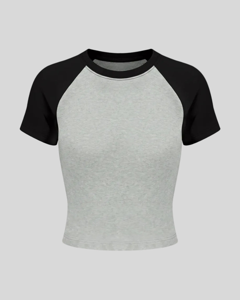 TrackLine Raglan Baby Tee in Flowe Gray with Black front view with contrast short sleeves and crew neckline